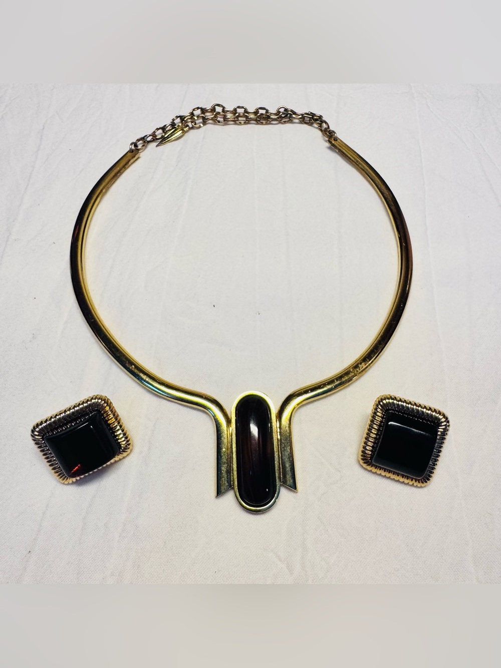 Vtg Whiting & Davis  Jewelry Set Choker Necklace & Earrings - Brown Gemstones